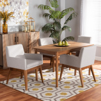 Baxton Studio BBT5281-Greyish Beige/Walnut-5PC Dining Set Dorina Mid-Century Modern Greyish Beige Fabric Upholstered and Walnut Brown Finished Wood 5-Piece Dining Set/